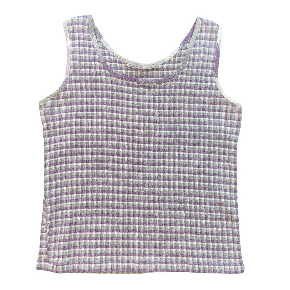Vintage‎ Y2K Crinkle Puckered Checkered Tank Top Plaid Gingham Scoop Neck Medium